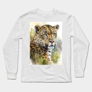 Watercolor Leopard  Portrait on an Abstract green Jungle Background Long Sleeve T-Shirt